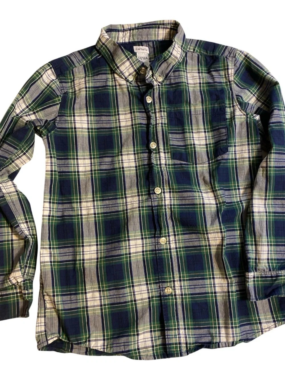 Carter's Green & Navy Plaid Button-Down Shirt boys 12